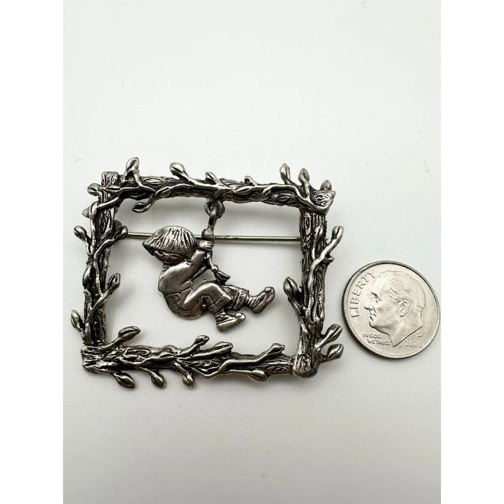 Vintage Sterling Silver Mary Engelbreit Boy On A Rope Swing Brooch Rectangle